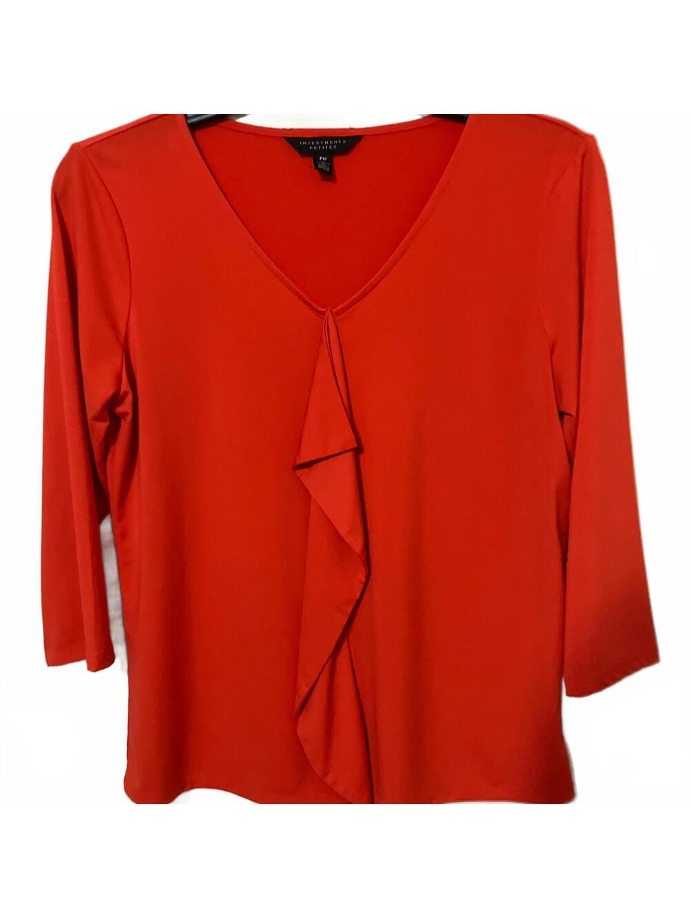Investments Petites Women's Preppy Chic Office Wear Red Ruffle Front Top Medium
